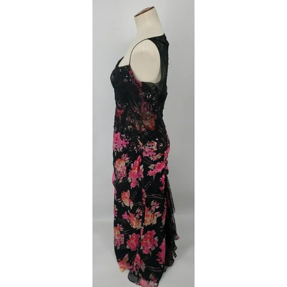 Ricki Freeman Teri Jon Silk Floral Sequin Beaded Halter Maxi Dress Sz 12 - Picture 7 of 16